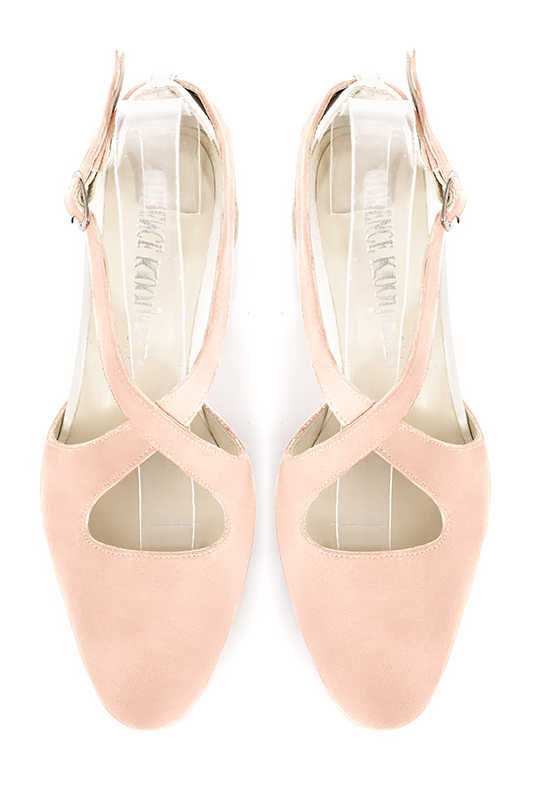 Powder pink and off white women's open side shoes, with crossed straps. Round toe. Low kitten heels. Top view - Florence KOOIJMAN